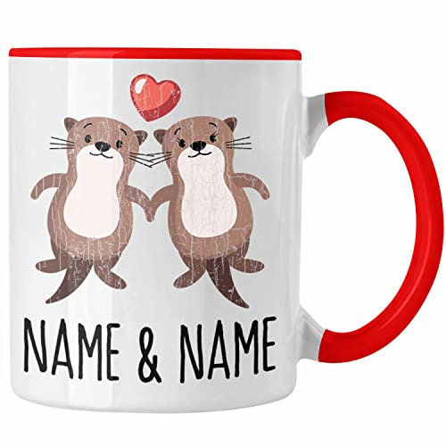Trendation - Personalisierte Paar Tasse Freundin Geschenk zum Valentinstag Otter Liebe Paare Geschenkidee Liebeserklärung Wunschnamen (Rot)