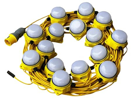 Connexion 110V LED Festoon Lighting Kit - 50M, Cable, 120W, 6400K, 14400 Lumens - Job Site & Worksite Light, IP65 Waterproof, 16 Amp Plug, Hanging Hooks, Linkable Design