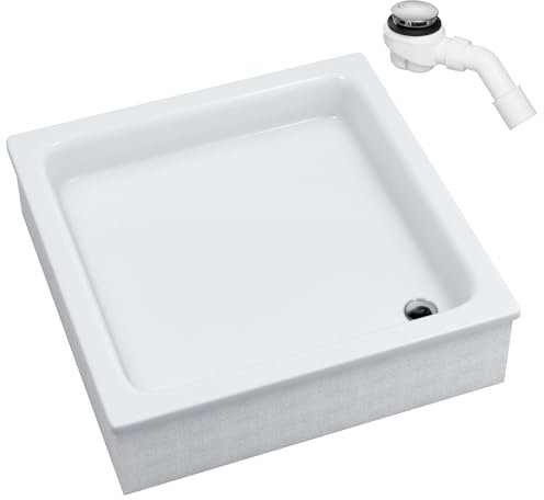Sellon24® Plato de ducha acrílico cuadrado sin delantal con soporte EPS + sifón blanco estable soporte de poliestireno para azulejos, altura de construcción 26 cm (90 x 90 x 26 cm)