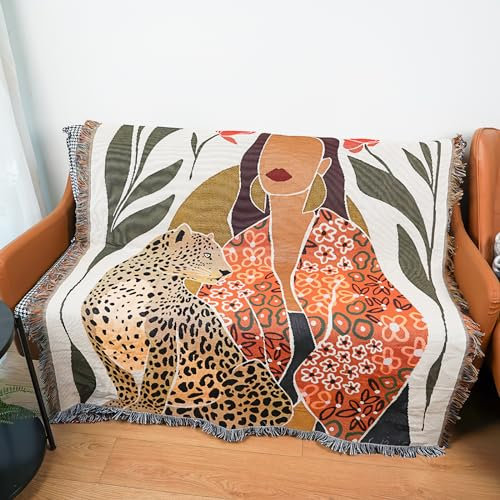 LumiSyne Doppelseitige Baumwolle Gewebt Decke Überwurf Mit Quaste Dschungel Böhmische Stil Wandteppich Kuscheldecke Dekorative Decke Für Bett Couch Sessel Camping Decke Tischdecke Teppich 160x130cm