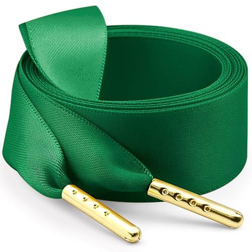 WEGOODZF Lot de 2 paires de lacets plats en satin pour chaussures de sport, bottes, chaussures de sport - 2 cm de large - Pour femmes et filles, 09 pointes métalliques vertes + dorées, 39.4''(100cm)