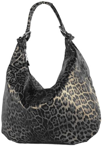 modamoda de 337 Damen Leder Schultertasche Shopper Large handmade in Italy, Farbe:Leo/Schwarz_Silbergrau/Metallic