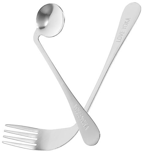 HAPINARY 1juego Cubiertos Ergonómicos Angulados Para Mayores Tenedor y Cucharón De Inoxidable Utensilios De Comida Asistencial Para Geriátricos Facilitan La Alimentación Autónoma Cama