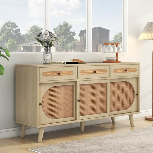 Sweiko Buffet, commode en bois avec portes coulissantes et étagères réglables, armoire de cuisine multifonctionnelle, avec poignées en métal et pieds en bois massif pour le salon