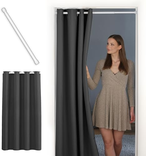 tinycurtains, Thermo Türvorhang mit Teleskopstange, einfache Montage in nur 1 Minute ohne Bohren (Türgardine anthrazit H200 x B150 cm + Stange weiß B55-90 cm)