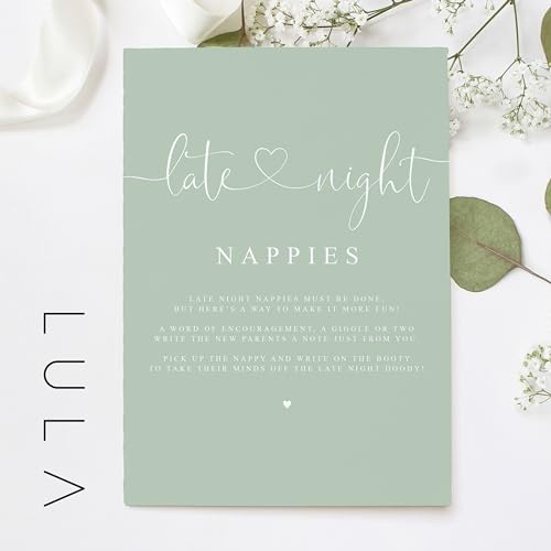 Sage Green Late Night Nappies UNFRAMED A4 A5 PRINT for baby Shower game, Baby Shower Game Idea, Late Night Nappies Game Print Mum to be game (Size: A4-29.7cm x 21cm)