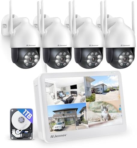 Jennov 5MP PTZ Kit Caméra Surveillance WiFi Extérieure avec 10 Moniteur, 10CH 5MP NVR 1TB HDD, 4X5MP HD IP Caméra, Vision Nocturne Couleur, Détection Humaine, Audio Bidirectionnel, Suivi Automatique