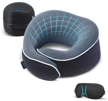 Proglobe Nackenkissen Flugzeug, Reisekissen 100% Memory Foam, Orthopädisches Nackenhörnchen, Für Reisen mit Flugzeug, Auto, Zug, Mit 3D-Schlafmaske, Hochwertige Netztasche (Blau)