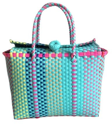 MBACODAI Sac de plage tissé Durable for femmes, sac seau tissé, fourre-tout décontracté, sacs à main en paille, panier tressé en plastique(Color:bleu)