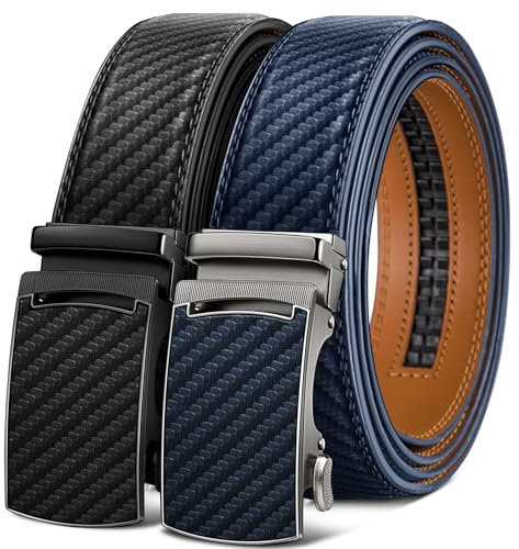 KEMISANT Automatik Gürtel Herren 2 Stücke, Gürtel Ratsche Automatikschließe Ledergürtel für Herren Verstellbar 35mm Breit mit Geschenkbox(Schwarz/Purpurblau,130cm/38-44 taille verstellbar)