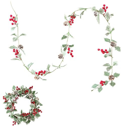 Weihnachtsgirlande Künstliche Weihnachten Girlande Deko, 200cm Beerengirlande Stechpalme Deko Rote Beeren Girlande, Künstliche Tannengirlande Weihnachtsdeko Für Kamin, Tür, Wand, Hochzeit (A)