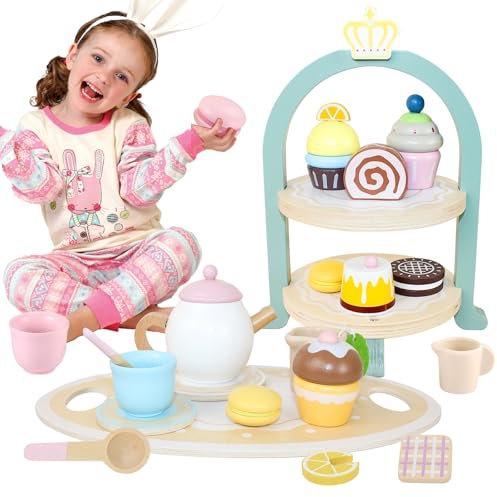 Revanom Wooden Tea Party Set for Little Girls, Toys Toddler Tea Set with Pretend Play Toy Cookies & Cake Stand, Kids Kitchen Playset Wooden Toys Birthday Gift for 2 3 4 5 6 Year Old Girls Boys