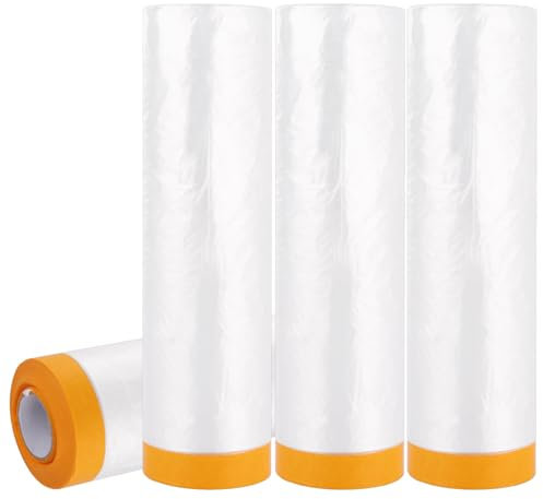 APACALI Lot de 4 rouleaux de film de masquage pré-collé en plastique - 3 m x 20 m - Film de masquage étanche pour peinture, meubles, décoration de sol