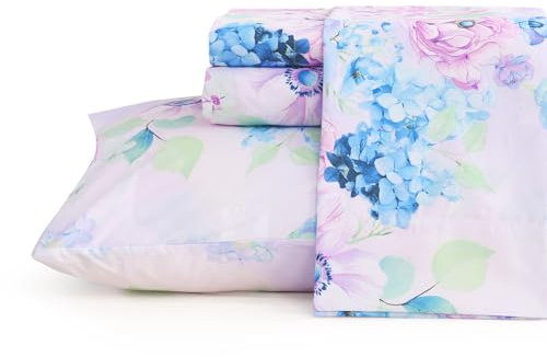 JSD Violettes Hortensien-Bettwäsche-Set, Queen-Size-Größe, 4-teilig, Bedruckte Mikrofaser, Tiefe Taschen