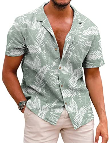 COOFANDY Mens Hawaiian Shirts Summer Short Sleeve Floral Aloha Shirt Vacation Beach Tops Green L