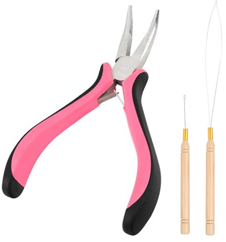 Vlasy Hair Extensions Tools Kit, Professional Tools With Hair Extension Pliers Pink, Loop Needle Threader and Pulling Hook Needle for Nano Beads and Microlink Beads