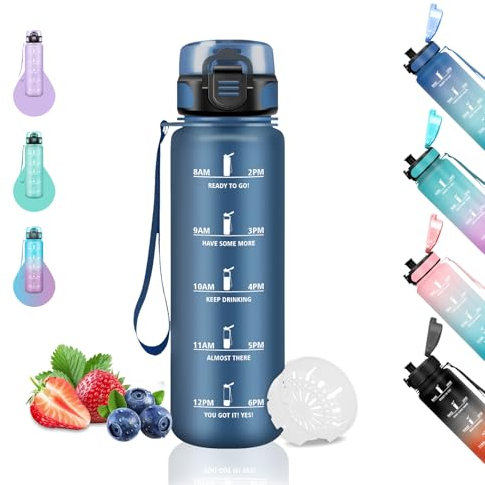 Gourde, 500ml Gourde Enfant, Gourde Graduée pour 1 Journee, Anti-Fuite, Bouteille d'eau pour Garçon & Fille, Gourde Graduée avec Slogan de Motivation, pour l'École, Voyage, Bureau, Velo, Bleu Marine
