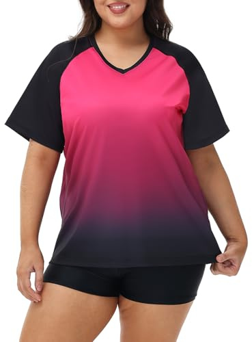 Plus Size Rash Guard for Women Sun Protection Swim Shirts Short Sleeve Loose Fit UPF 50+ Quick Dry Swimming Tops, Red Black, 3XL