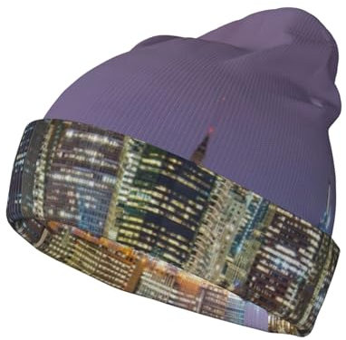 EZDLOWVBA New York City Print Knit Beanie für Herren, dehnbar, weich, warm, tägliche Bündchen, Wintermütze, Unisex, bequem, bedruckt, Schwarz