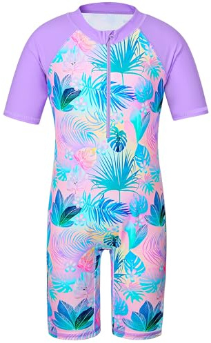 HUAANIUE Filles Maillot de Bain 1 Pièce 2-12 Ans, Anti-UV UPF 50+ Manches Courtes, Fermeture Éclair Frontale, Imprimés Colorés, Idéal pour Plage et Piscine (S253-Feuilles Violettes, 6-8 Ans)