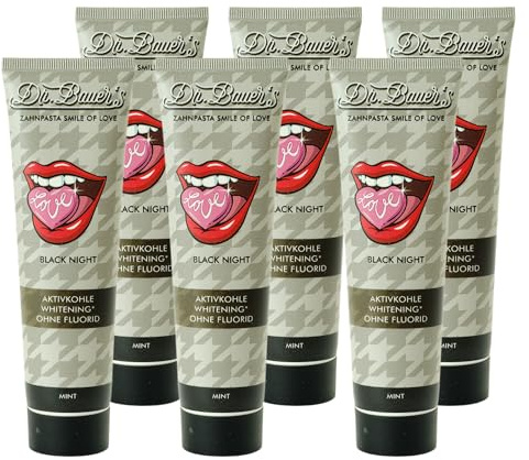 Dr. Bauer's Smile of Love Black Night Zahnpasta 90ml – Fluoridfrei mit Aktivkohle & Minze für sanfte Zahnaufhellung, 6er Pack