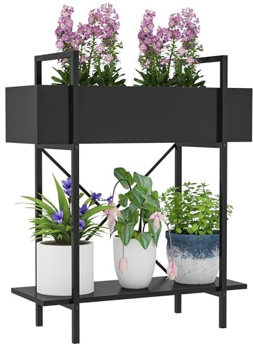 Outsunny 2-Etagen Pflanzenständer, Blumenständer für Innen Außen, Pflanzenregal aus Metall, mehrstöckig Blumenregal, 70 cm hoch Blumentreppe für Wohnzimmer, Garten Balkon Deko, Schwarz