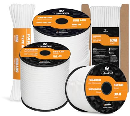 Abma Cord 4mm Paracord 550 Nylon Cuerda (10-15-30-50m) Tipo III 7 Hebras Cuerda de Nailon - MAX. 250 kg - Blanco, 10m