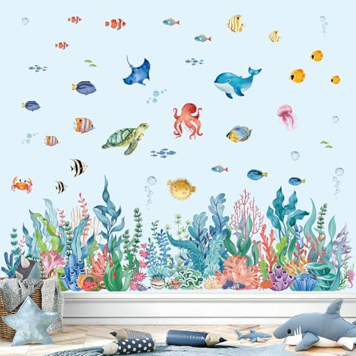 wondever Wandtattoo Unter dem Meer Seetang Wandaufkleber Fische Korallen Bordüre Wandsticker Wanddeko für Wohnzimmer Ecke Einer Schlafzimmer Badezimmer Sofa Hintergrund