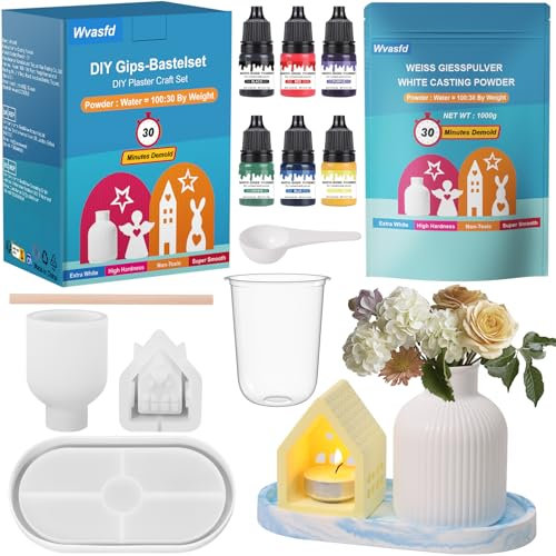 Wvasfd Kit di Polvere per Colata 1000g,6 Colorare e 3 Stampi in Silicone per Polvere Di Gesso, Gesso Ceramico per fai da te per fai da Te Polvere di Colata
