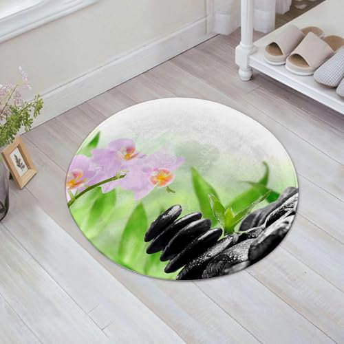 FSDGY Badvorleger Fußmatte Flauschig Teppich Badezimmerteppich Duschmatte für Bade & Wohnzimmer Schlafzimmer,Spa, Zen-Basaltsteine und Orchideen mit Tautropfen Friedliche Naturtherapie-Mass,60x60 cm