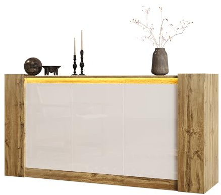 Azkoeesy Buffet de 150 cm avec éclairage LED, blanc brillant et aspect bois, moderne, buffet, meuble de cuisine, meuble TV pour salon et salle à manger
