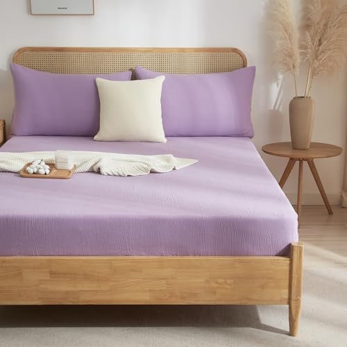 Luowei Muslin Spannbettlaken 140x200cm-100% Baumwolle, WeichesAtmungsaktives Bettlaken für Sommer & Winter，Ökotex，Lila Boxspringbett Spannbetttuch，Passend für Matratzen bis 30cm