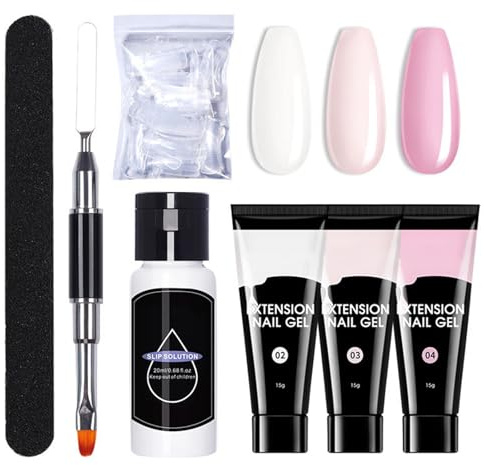 Poly Gel Nail Kit - 3 Colours White Pink Poly Nail Extension Kit - Nail Builder Gel Kit with Slip Solution for Polygel Nails - Polygel Nail Kit Nail Art DIY for Women