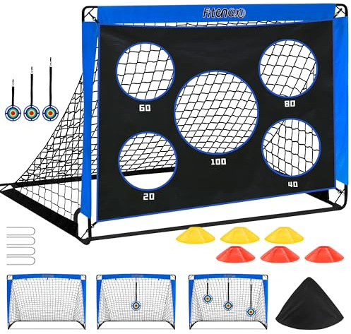 Fußballtor Kinder - 3-in-1 Pop Up Tor mit Torwand | Goal für Garten, Park & Strand | Outdoor Fussballtore mit 5 Schusslöchern, 3 Zielscheiben & 6 Hindernissen | inkl. Tasche & Bodennägel