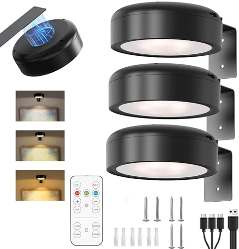 Calenxy 3 x Bilderleuchte Kabellos, Dimmbar LED Bildbeleuchtung mit Fernbedienung, USB Aufladbar Bildbeleuchtung Kabellos,Bild Beleuchtung WandKabellos mit 3 Farbtemperaturen