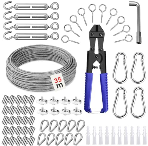 Ulluthu 35M Drahtseil Edelstahl, Stahlseil Set, 3mm PVC beschichtetes Drahtseil 304 Edelstahlseil Ummantelt Spanndraht mit Ösen, Drahtseilspanner Set für Wäscheleine, Kletterpflanzen, Gardinenseil