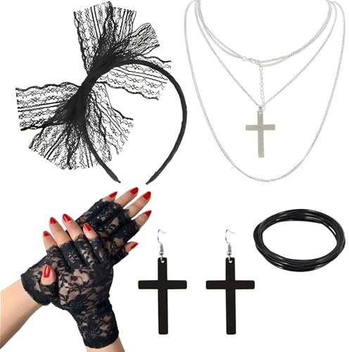Lot de 5 Accessoires de Déguisement Années 80, Accessoires pour Femme Style rétro, Années 80 Dames Partie Costume Ensemble, Bandeau en Dentelle Boucles d'oreilles Gants Résille Bracelet Collier