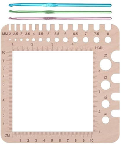 TAKONE Maschenprobe Zählrahmen Holz 2–15 mm mit 3 Häkelnadeln | Nadelmaß 2–15 mm, Naturholz, Maschenprobe messen, inkl. 3 Häkelnadeln