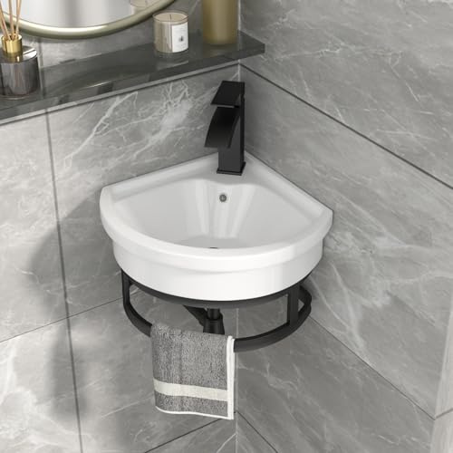 GhomeG Wall Mount Corner Bathroom Sink with Towel Rack, 16x15 Inch Modern Ceramic Bathroom Floating Sink, White Rectangle Vessel Sink with Overflow, Wall Hung Wash Hand Basin