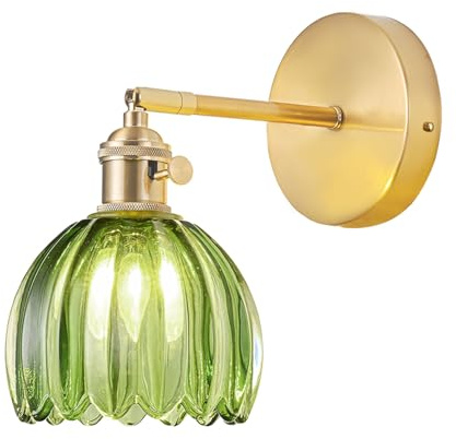 NETHCUEL Festverdrahtete Wandleuchte Innen, Wandlampe Vintage mit Schalter, Goldene Wandleuchtenarmatur Tulpen-Grün-Glas, Innene Wandleuchte Schlafzimmer Bad, Leuchtmittel Nicht Enthalten