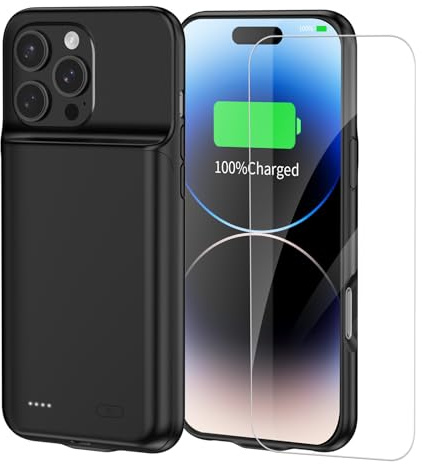 FLSTOR 13800mAh Akku Ladehülle für iPhone 14 Pro 15.5 cm 1.5 cm 1.5X Extra Batterielebensdauer inkl. Displayschutzfolie Schwarz
