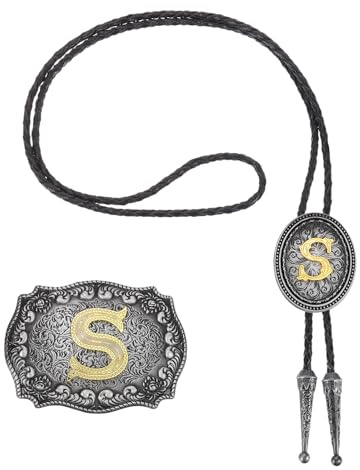 QUARKZMAN 2 Pz Set Cravatta Bolo Western Cowboy Grigio Nero/Oro | E Fibbia Cintura Lettera Iniziale S Dorata Cinturino Pelle, Per Uomo Donna Costume Accessori Vintage Tradizionali