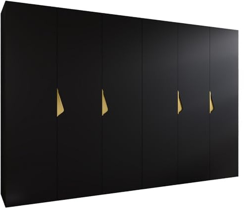 MEBLE KRYSPOL - Kleiderschrank - Garderobenschrank - 300 cm x 202 x 52 cm - Schrank mit Kleiderstange, 6 Türen - für Schlafzimmer, Flur - SANDI, Schwarz, Griff Gold