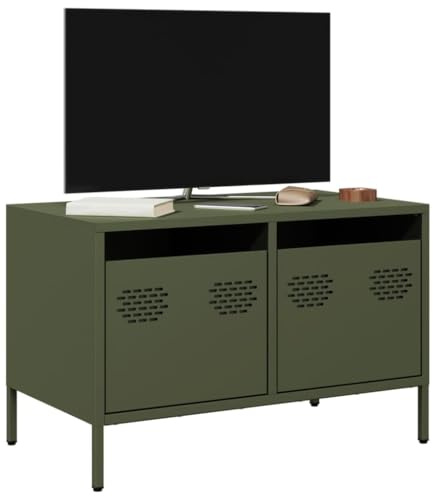 mtlskopl TV Lowboard Olivgrün 68x39x43,5 cm aus kaltgewalztem Stahl, Industrie-Design Fernsehtisch mit 2 Schubladen, verstellbaren Füßen, pflegeleicht, für Wohnzimmer & Schlafzimmer