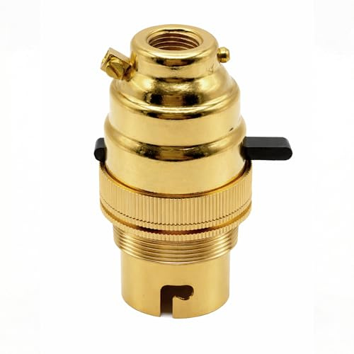 LEDSone Safety Switch Lamp Bulb Holder B22 BC Bayonet Shade Ring, 10mm/M10 x1 Bottom Entry, Brass, Child Safe Switch Push Bar Locks Off to Cut Power if lamp Bulb not Inserted UK (Gold)