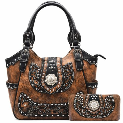 Western Trendy Nieten Western Geldbörse und Geldbörse Set für Damen | Strass-Concho, mittiger Reißverschluss-Trennwand und schnell zugänglicher Stauraum hinten