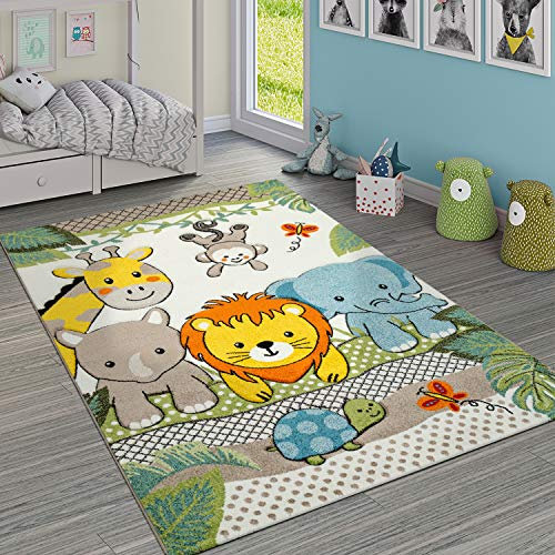 Paco Home Kinderzimmer Teppich Bunt Grün Fröhliche Tiere Zoo Dschungel Muster 3-D Design, Grösse:Ø 120 cm Rund