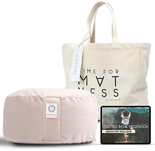 aGreenie® Yogakissen Meditationskissen Blushy Peach/Yoga Kissen mit Buchweizen-Füllung/Yogakissen rund aus Samt/Yoga-Kissen Sitzhöhe 15cm / inkl. Meditations-Ebook & Tasche