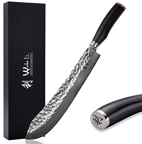 Wakoli EBO Premium Damast Blockmesser BBQ mit 35 cm Klinge und Hammerschlag gefertigt aus 67 Lagen echtem Damaststahl mit schwarzem Eichenholzgriff I Damastmesser Küchenmesser und Profi Kochmesser