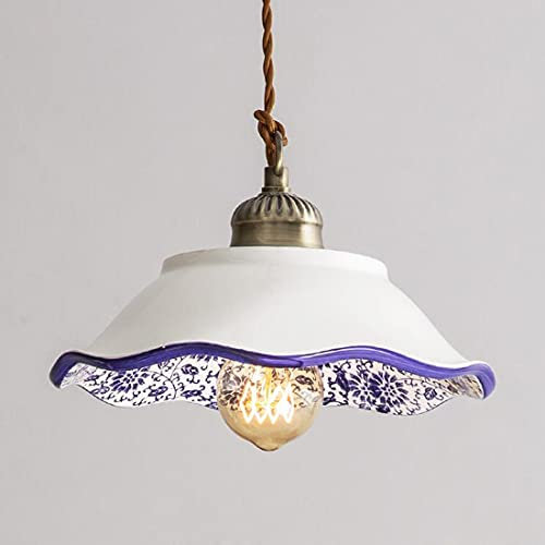LED Antik Hängelampe Keramik Vintage Weiß Blau Porzellan Rund Pendelleuchte Rustikal Esszimmer Büro Wohnzimmer Küchen Kronleuchter Modern Kunst Designlampe Decke Beleuchtung Retro inkl-Glühbirne Ø25cm